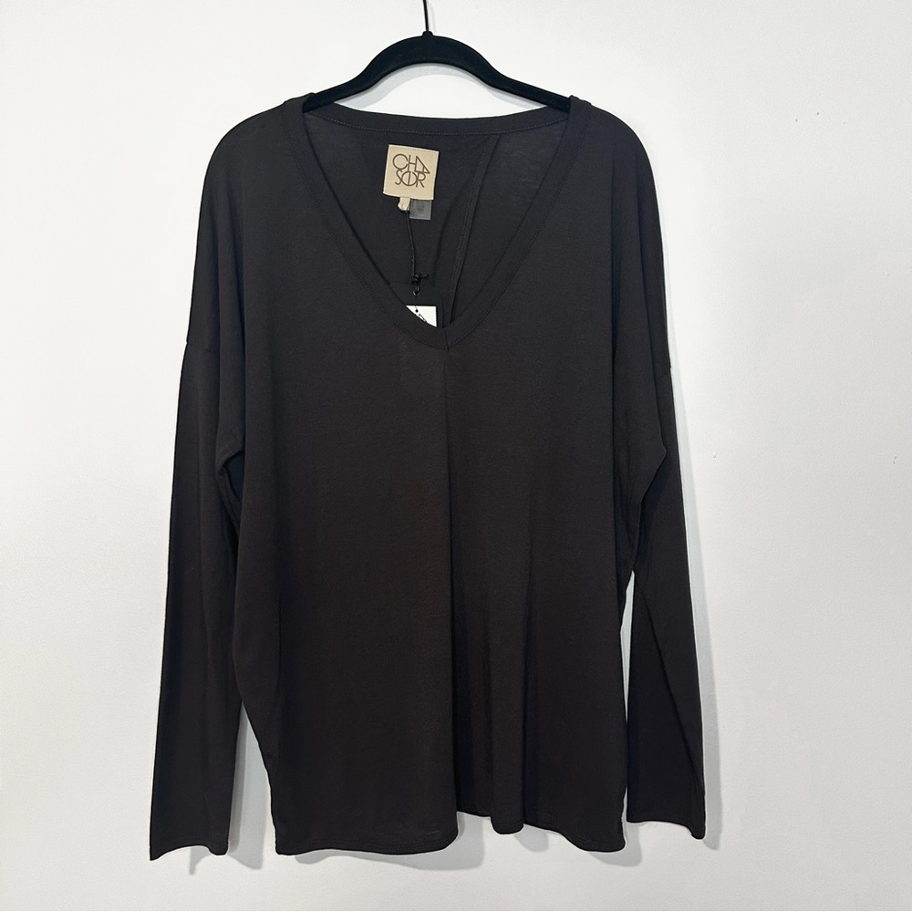 Chaser V Neck Long Sleeve Women’s Blouse with Split Tulip Back Size L NWT